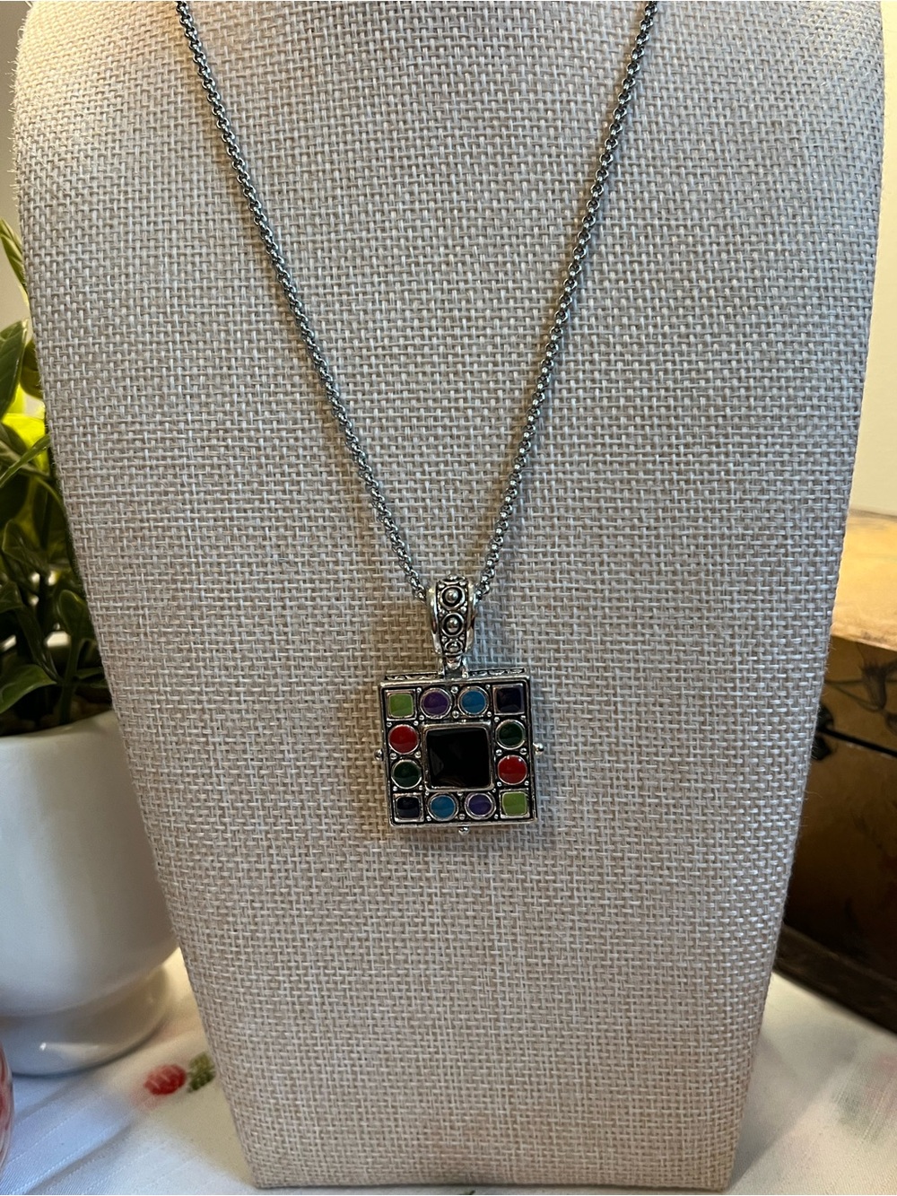 Lia Sophia Silver-Tone Multicolor Square Pendant Necklace